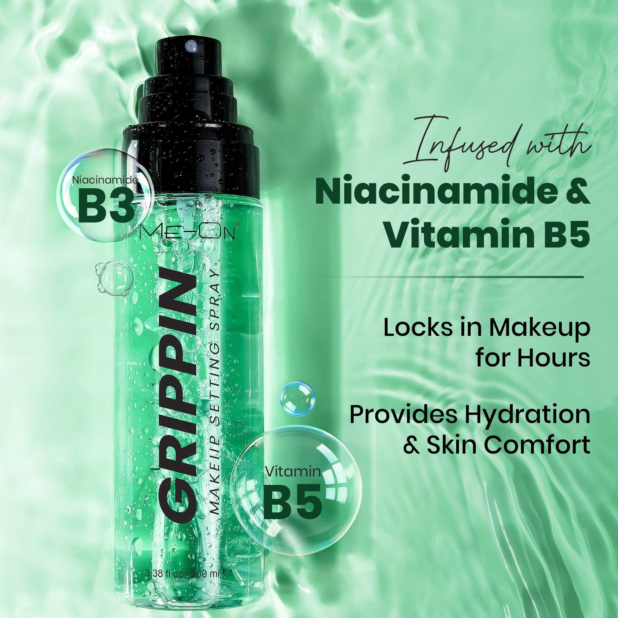 ME-ON Mist & Fix Grippin Makeup Setting Spray Lasting (100ml) | Pro Makeup Fixer| Long Lasting Makeup Setting Spray | Keeps Makeup Intact | Hydrates, Soothes | Niacinamide Vitamin B5 - Brightens dull skin